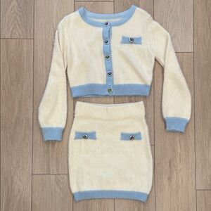 Cream and Blue Cardigan Top and Mini Skirt Set
